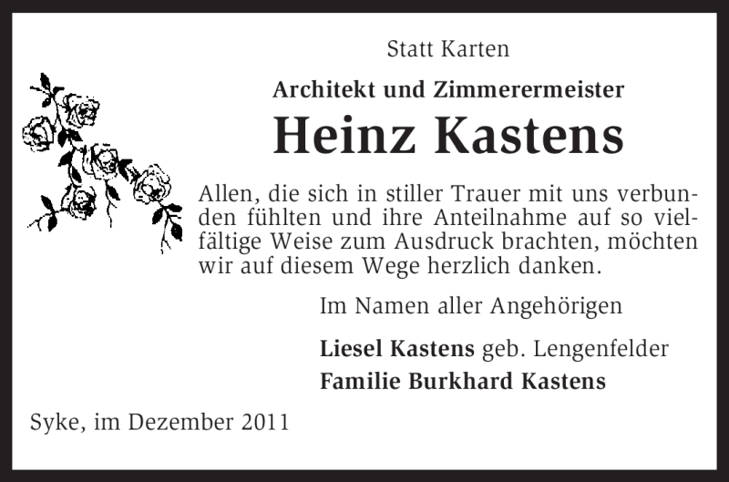  Traueranzeige für Heinz Kastens vom 17.12.2011 aus KREISZEITUNG SYKE