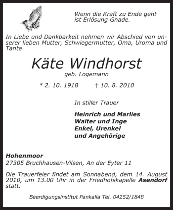 Traueranzeige von Käte Windhorst von KREISZEITUNG SYKE