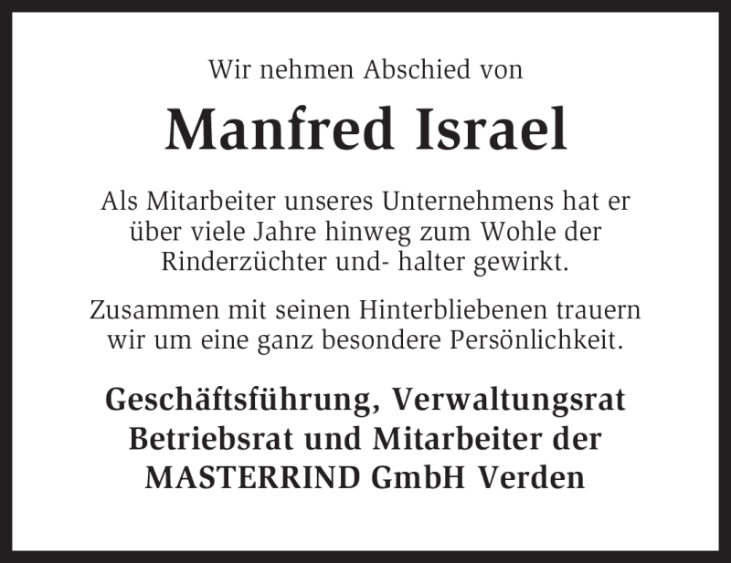  Traueranzeige für Manfred Israel vom 04.01.2012 aus KREISZEITUNG SYKE