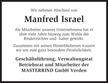 Traueranzeige von Manfred Israel von KREISZEITUNG SYKE