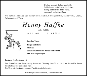 Traueranzeige von Henny Haffke von KRZ