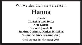 Traueranzeige von Hanna Unbekannt von KREISZEITUNG SYKE