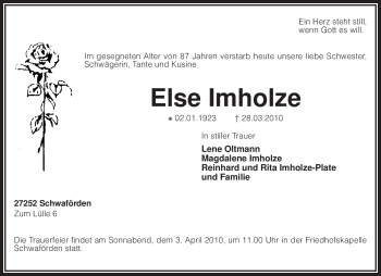 Traueranzeige von Else Imholze von KREISZEITUNG SYKE