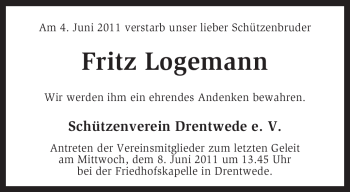 Traueranzeige von Fritz Logemann von KREISZEITUNG SYKE