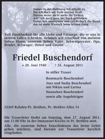 Traueranzeige von Friedel Buschendorf von KREISZEITUNG SYKE