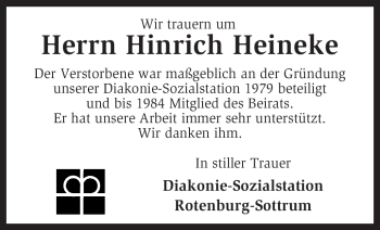 Traueranzeige von Hinrich Heineke von KREISZEITUNG SYKE