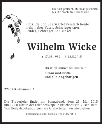 Traueranzeige von Wilhelm Wicke von KRZ