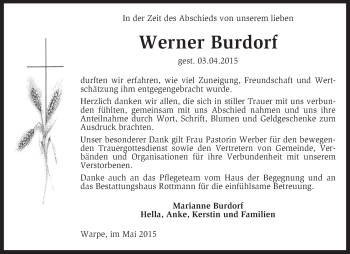 Traueranzeige von Werner Burdorf von KRZ