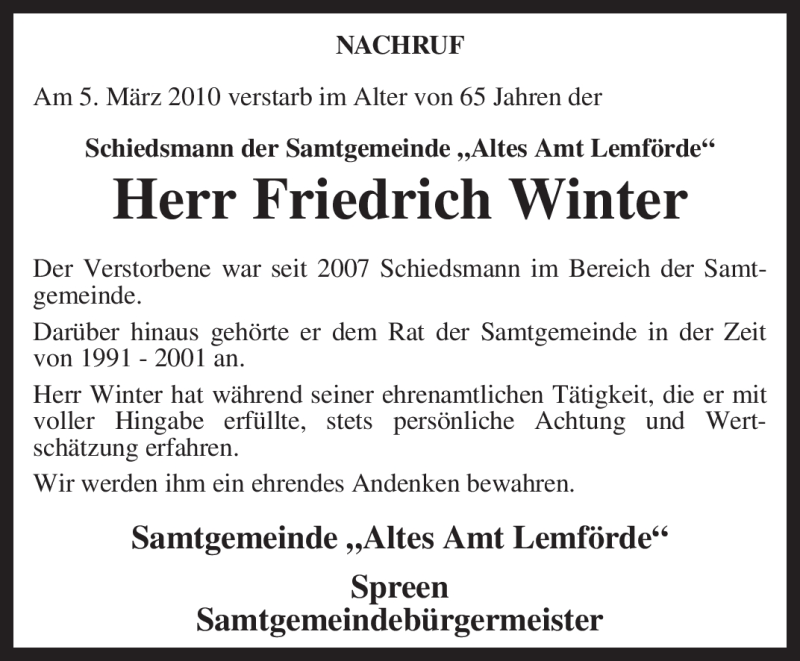  Traueranzeige für Friedrich Winter vom 09.03.2010 aus KREISZEITUNG SYKE