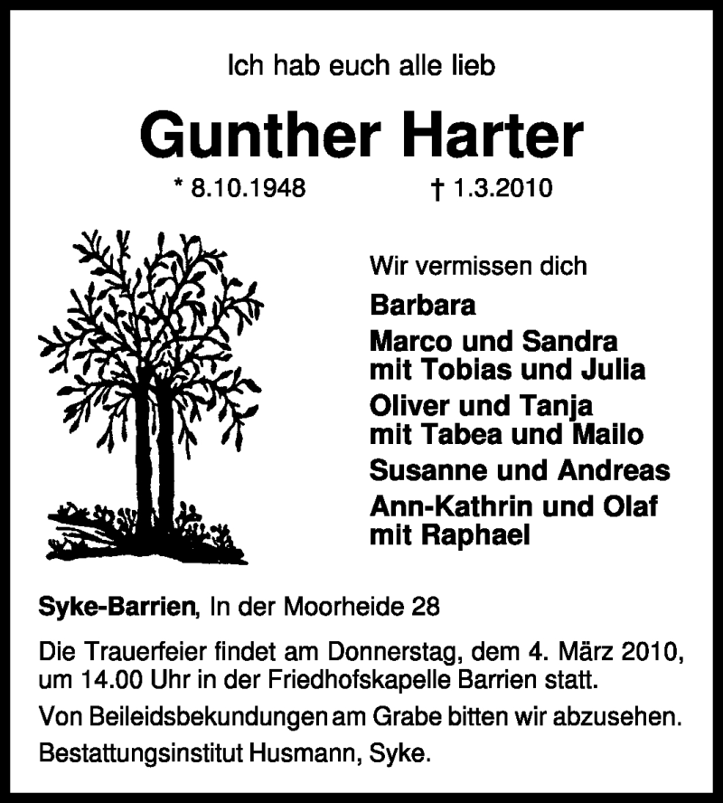  Traueranzeige für Günter Harter vom 03.03.2010 aus KREISZEITUNG SYKE