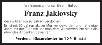 Traueranzeige von Franz Jaklovsky von KREISZEITUNG SYKE