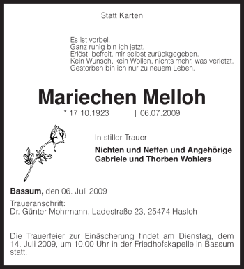 Traueranzeige von Mariechen Melloh von KREISZEITUNG SYKE