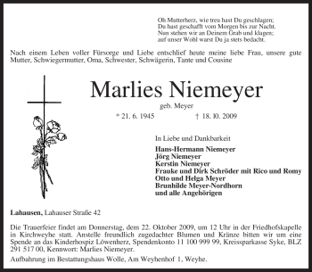 Traueranzeige von Marlies Niemeyer von KREISZEITUNG SYKE