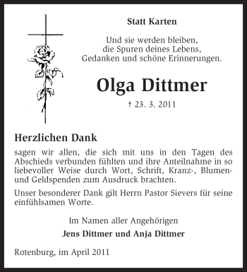 Traueranzeige von Olga Dittmer von KREISZEITUNG SYKE