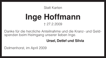 Traueranzeige von Inge Hoffmann von KREISZEITUNG SYKE