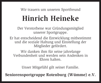Traueranzeige von Hinrich Heineke von KREISZEITUNG SYKE