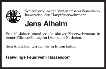 Traueranzeige von Jens Alhelm von KREISZEITUNG SYKE