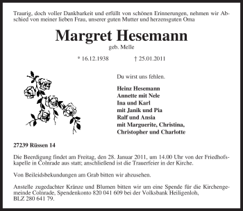 Traueranzeige von Margret Hesemann von KREISZEITUNG SYKE