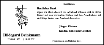 Traueranzeige von Hildegard Brinkmann von KREISZEITUNG SYKE