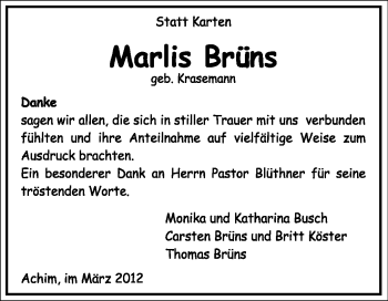 Traueranzeige von Marlis Brüns von KREISZEITUNG SYKE