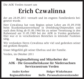 Traueranzeige von Erich Czwalinna von KREISZEITUNG SYKE