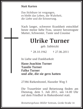 Traueranzeige von Ulrike Turner von KREISZEITUNG SYKE