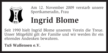 Traueranzeige von Ingrid Blome von KREISZEITUNG SYKE