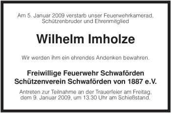 Traueranzeige von Wilhelm Imholze von KREISZEITUNG SYKE