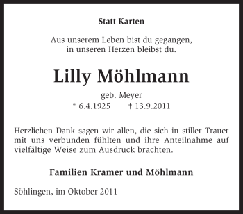 Traueranzeige von Lilly Möhlmann von KREISZEITUNG SYKE