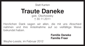 Traueranzeige von Traute Daneke von KREISZEITUNG SYKE