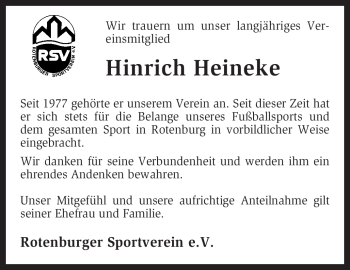 Traueranzeige von Hinrich Heineke von KREISZEITUNG SYKE