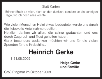 Traueranzeige von Heinrich Gerke von KREISZEITUNG SYKE