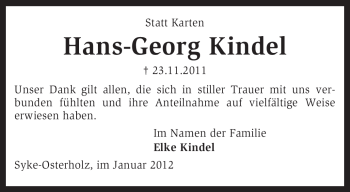 Traueranzeige von Hans-Georg Kindel von KREISZEITUNG SYKE