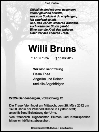 Traueranzeige von Willi Bruns von KREISZEITUNG SYKE