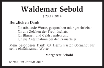 Traueranzeige von Waldemar Sebold von KRZ