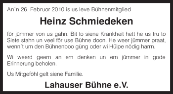 Traueranzeige von Heinz Schmiedeken von KREISZEITUNG SYKE