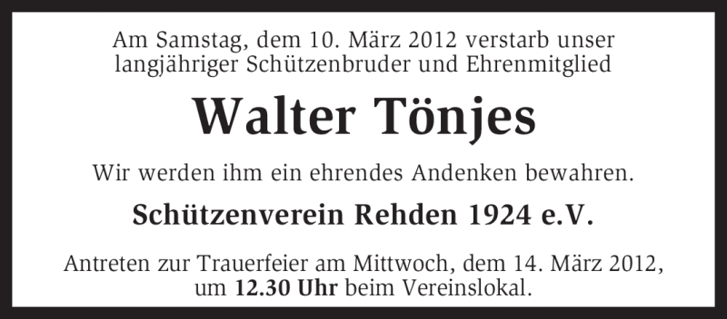  Traueranzeige für Walter Tönjes vom 13.03.2012 aus KREISZEITUNG SYKE