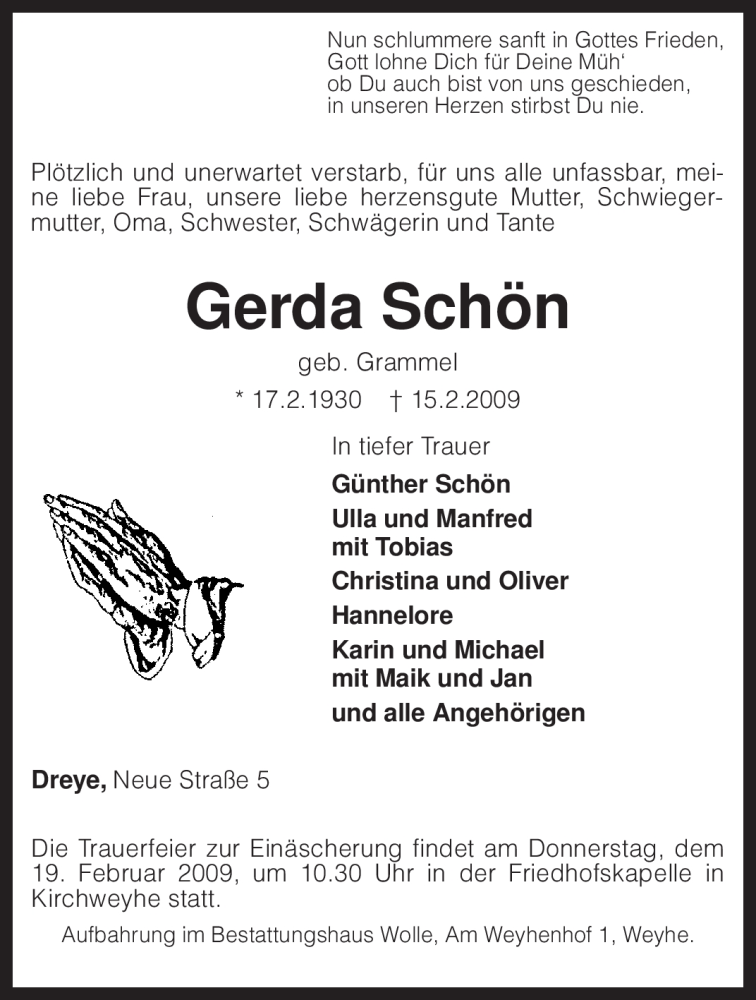  Traueranzeige für Gerda Schön vom 17.02.2009 aus KREISZEITUNG SYKE