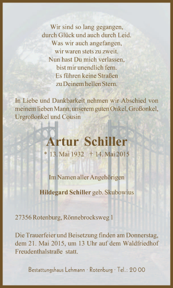 Traueranzeige von Artur Schiller von KRZ