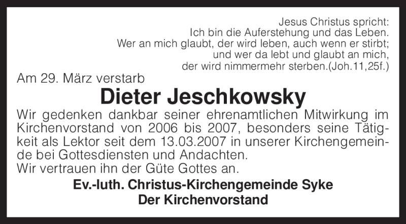  Traueranzeige für Dieter Jeschkowsky vom 02.04.2011 aus KREISZEITUNG SYKE