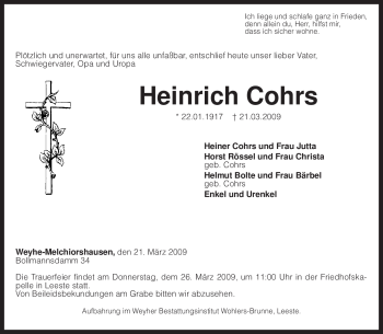 Traueranzeige von Heinrich Cohrs von KREISZEITUNG SYKE