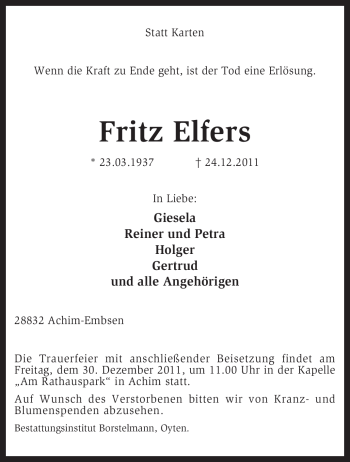 Traueranzeige von Fritz Elfers von KREISZEITUNG SYKE