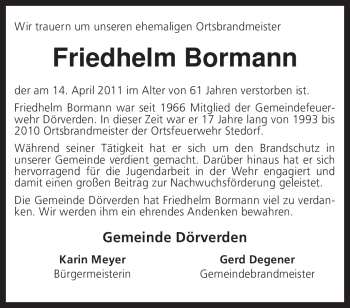 Traueranzeige von Friedhelm Bormann von KREISZEITUNG SYKE