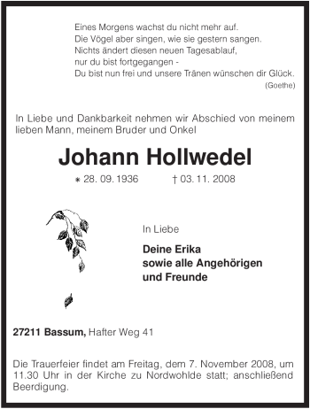 Traueranzeige von Johann Hollwedel von KREISZEITUNG SYKE