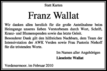 Traueranzeige von Franz Wallat von KREISZEITUNG SYKE