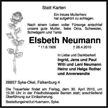 Traueranzeige von Elsbeth Neumann von KREISZEITUNG SYKE