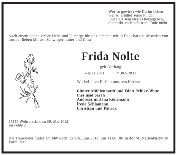 Traueranzeige von Frida Nolte von KREISZEITUNG SYKE