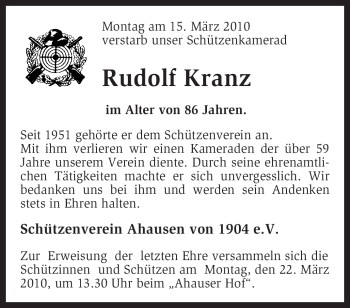 Traueranzeige von Rudolf Kranz von KREISZEITUNG SYKE