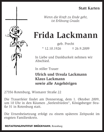 Traueranzeige von Frida Lackmann von KREISZEITUNG SYKE
