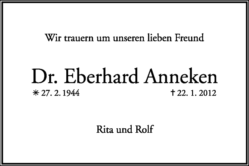  Traueranzeige für Eberhard Anneken vom 24.01.2012 aus KREISZEITUNG SYKE